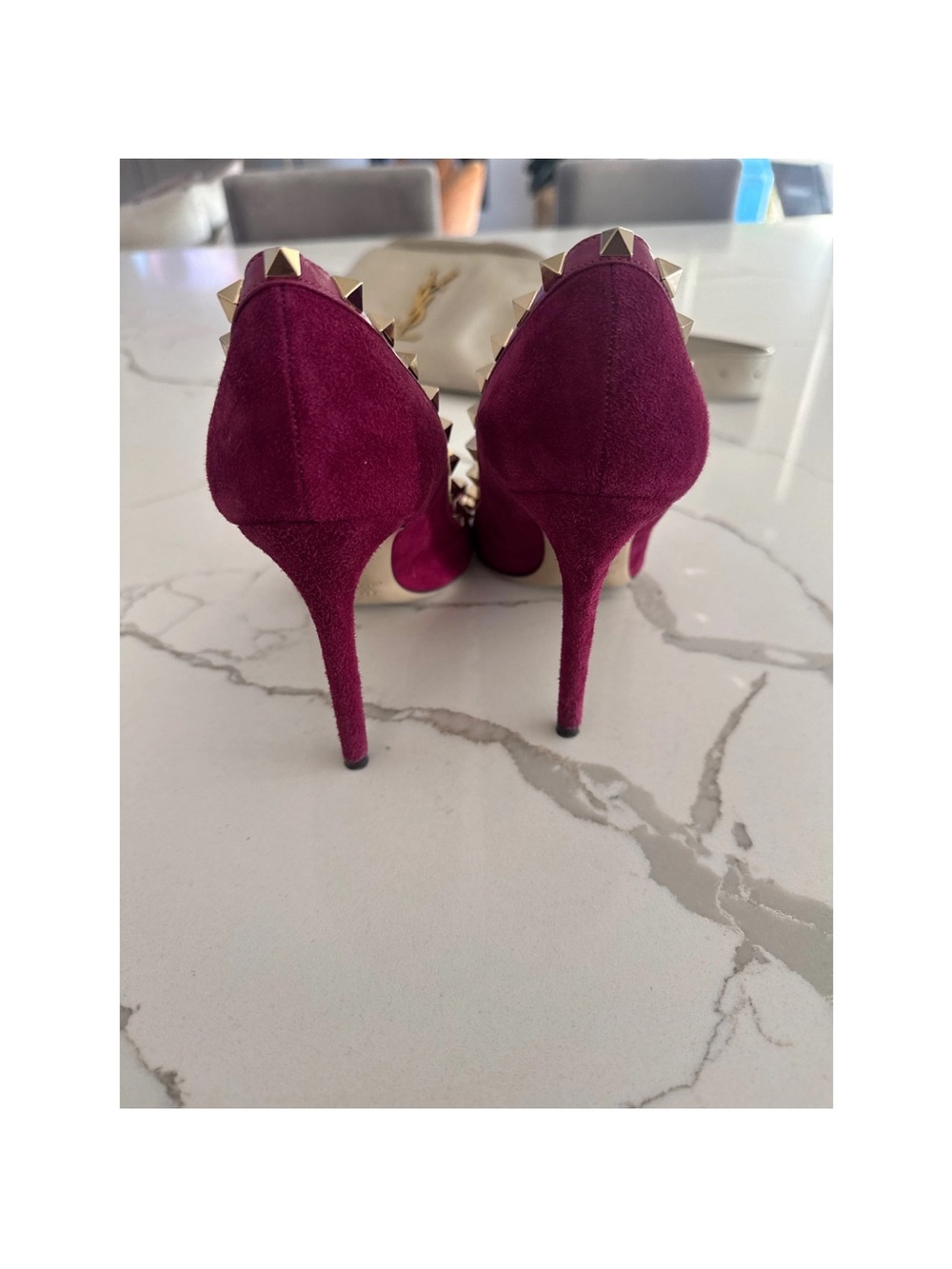 Valentino Garavani Rockstud Pointed Pumps in Magenta Suede with Gold Studs - Picture 3 of 7